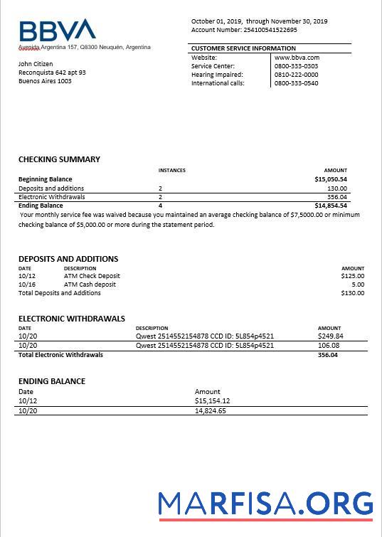 Downloadable Argentina BBVA bank statement template